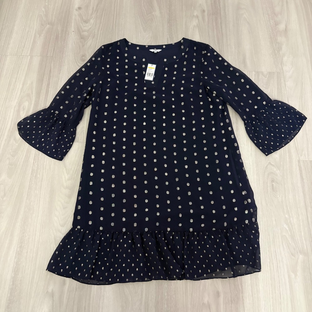 Crown & Ivy Dress Women Navy Blue Metallic Polka Dot Bell Sleeve Ruffle L NWT